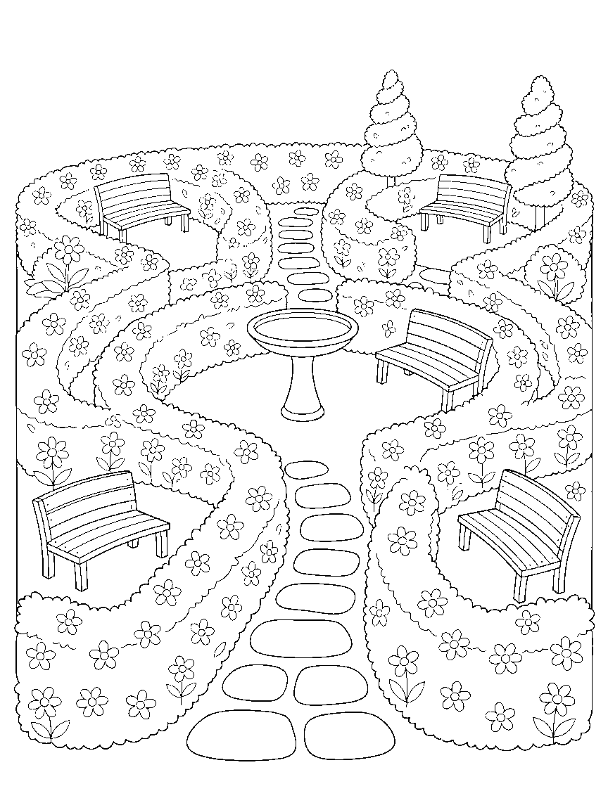 Blooming Garden Maze coloring page: a hedge maze with flower-bed walls, a birdbath center, benches, topiary spirals, and a path of stepping stones to trace