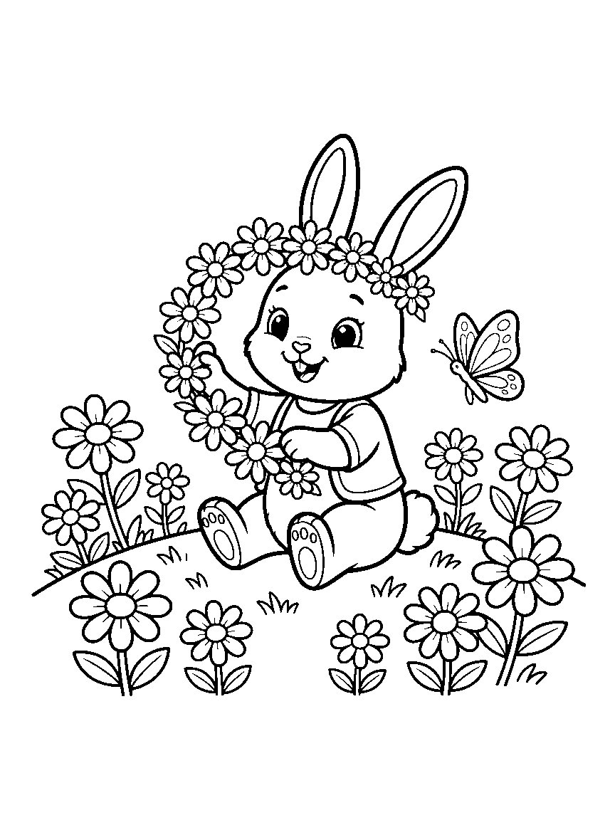 Daisy Crown Bunny coloring page: a bunny weaving a daisy crown on a grassy hill surrounded by scattered oversized daisies and a butterfly