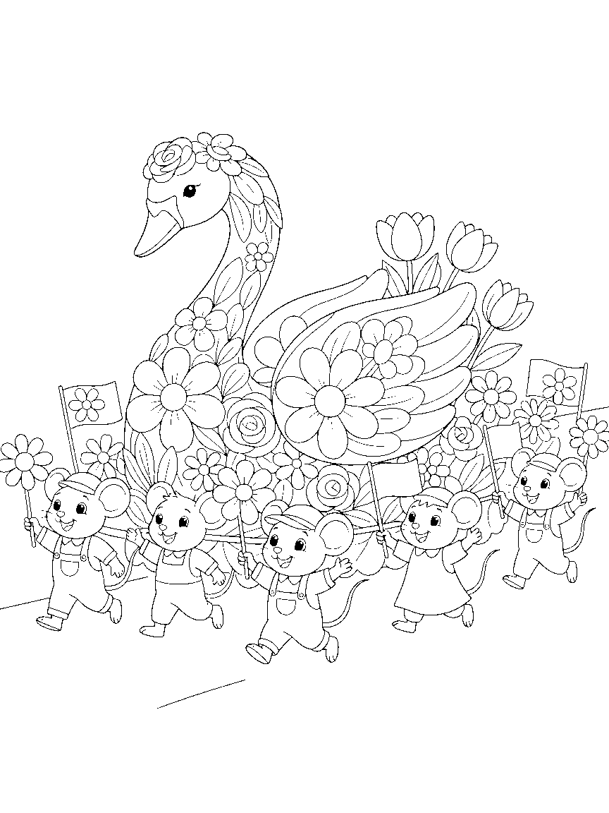 Flower Parade Float coloring page: a parade float built entirely of blooms shaped like a swan, pulled past cheering mice waving petal flags