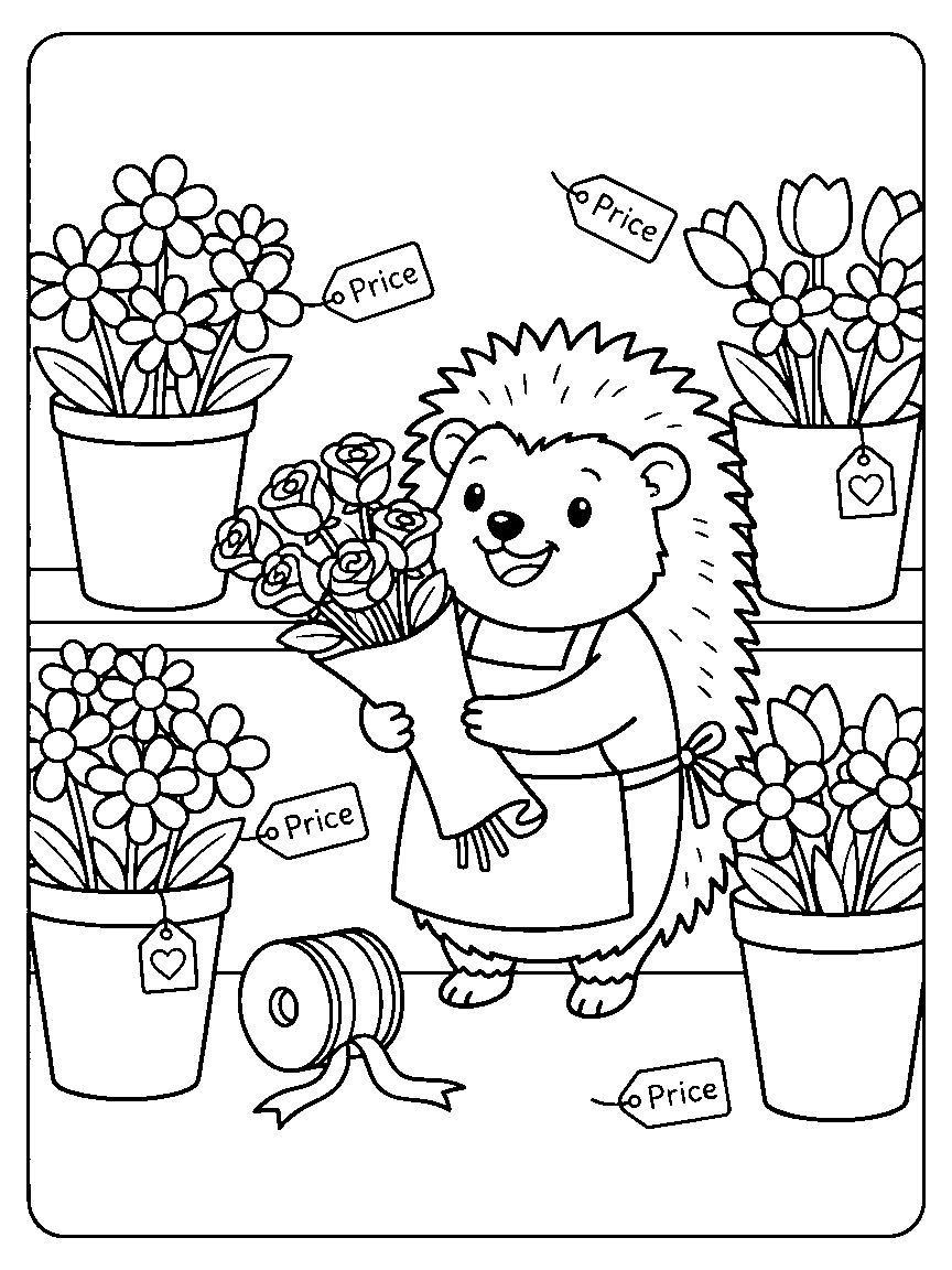 The Flower Shop Counter coloring page: a cozy flower shop with bouquet buckets, a ribbon spool, price tags with hearts, and a hedgehog florist wrapping roses