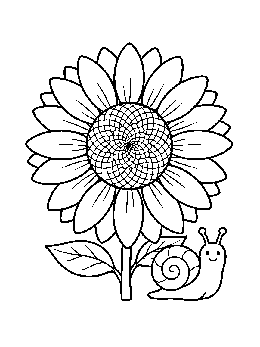 One Giant Sunflower coloring page: a single giant sunflower with large petals and a patterned seed spiral center, flanked by two small leaves and a snail