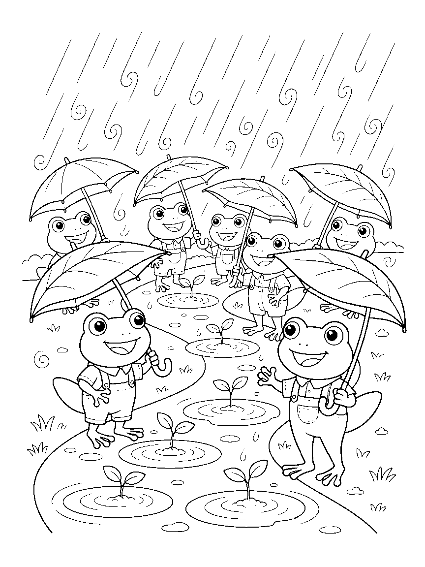 Rainy Day Garden Helpers coloring page: frogs holding leaf umbrellas over seedlings while rain curls fall and puddles form ring patterns on the path