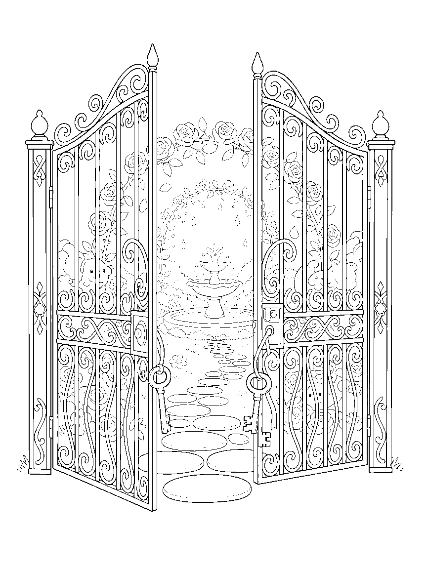 The Secret Garden Gate coloring page: an ornate iron gate half-open to a hidden garden with rose arches, a fountain, stepping stones, and a key on a ribbon
