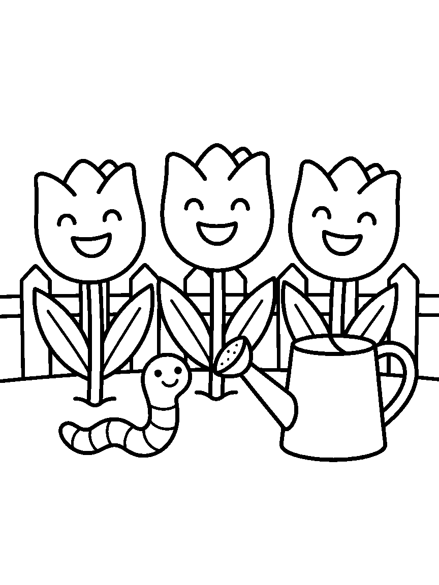 Tulip Row Friends coloring page: three big smiling tulips in a garden row with a watering can, a wiggly worm, and a picket fence