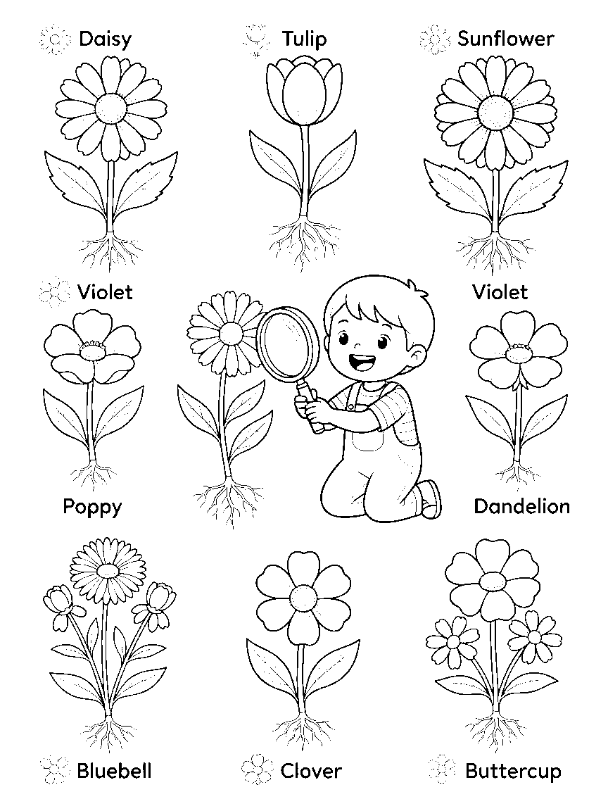 Wildflower Field Guide coloring page: a naturalist's page of nine labeled-by-picture wildflowers with detailed petals, leaves, roots, and a magnifying glass