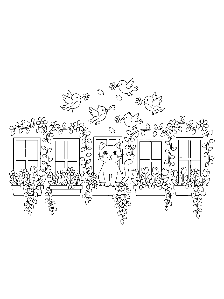 Window Box City coloring page: a row of townhouse windows with overflowing flower boxes, climbing vines, a cat on a sill, and birds carrying petals
