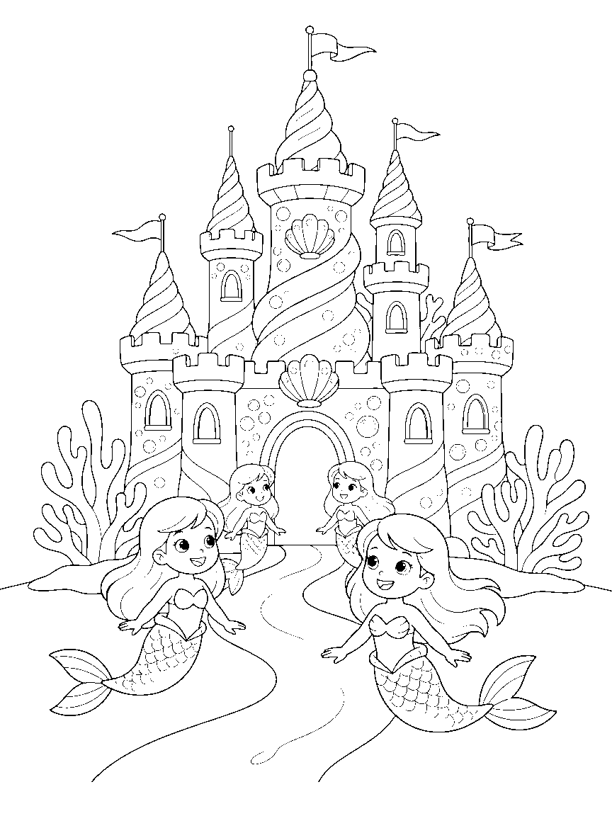 The Coral Castle coloring page: an elaborate coral castle with spiral towers, shell balconies, bubble windows, waving flags, and mermaid visitors on the path