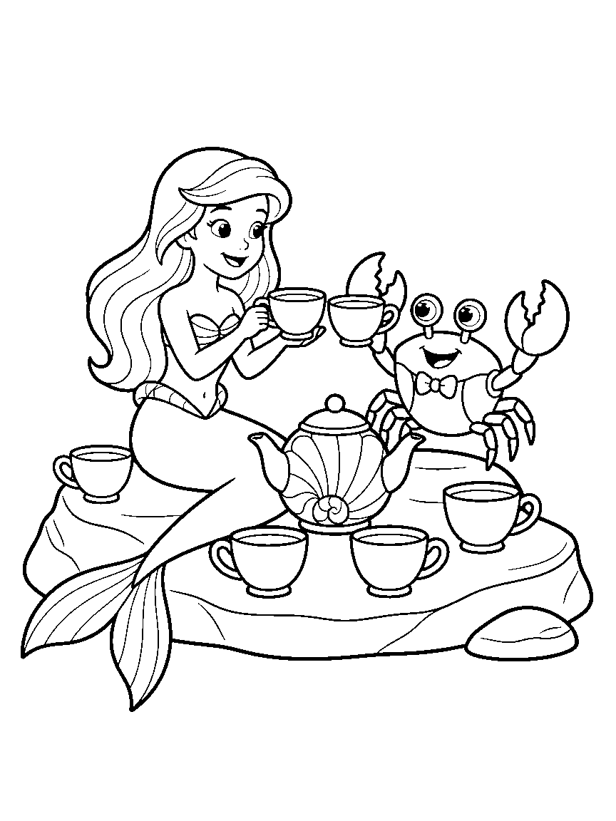 Crab and Mermaid Tea Party coloring page: a mermaid and a crab having a tea party on a flat rock with oversized teacups and a kettle shaped like a shell