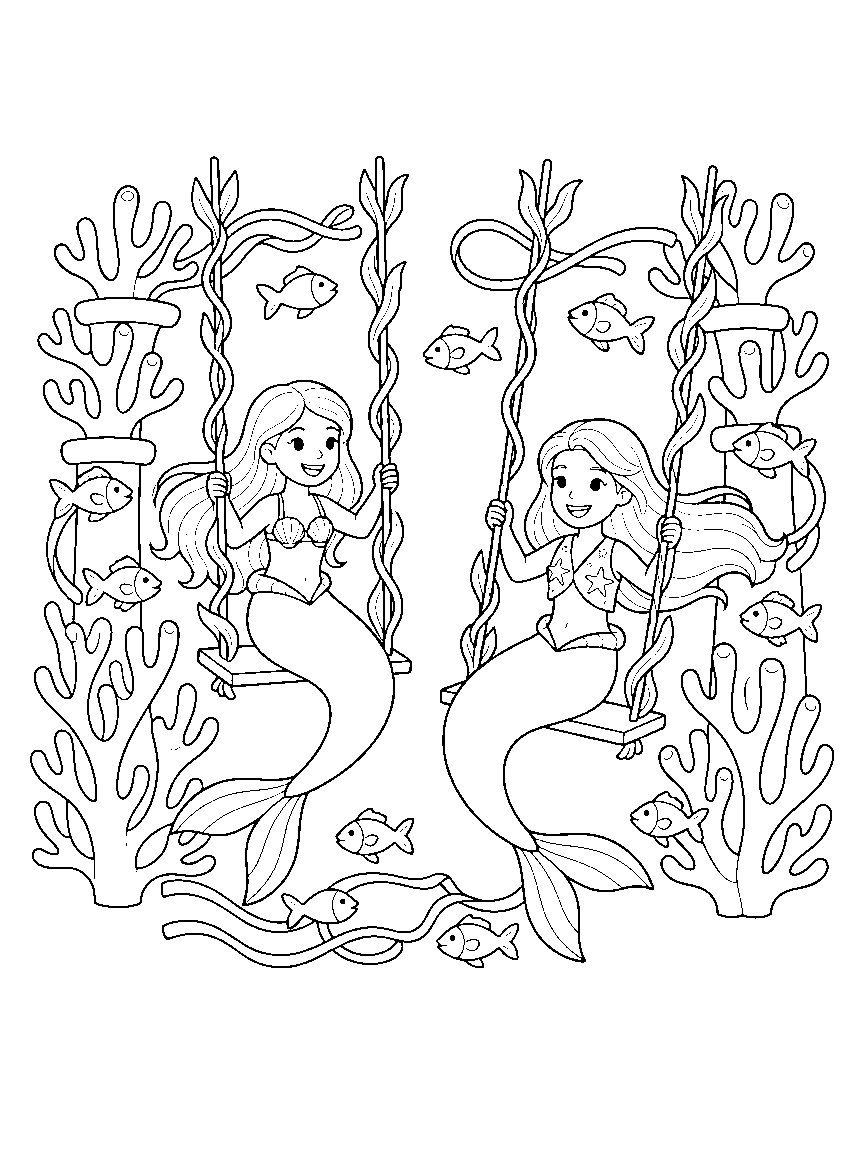 Kelp Forest Swings coloring page: two mermaids swinging on kelp-vine swings while fish streamers loop between coral towers