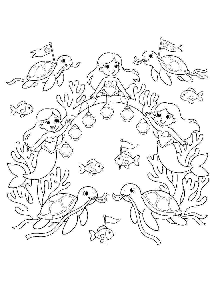 Lantern-Shell Parade coloring page: mermaids hanging glowing shell lanterns along a coral arch while turtles carry ribbons and fish hold tiny flags