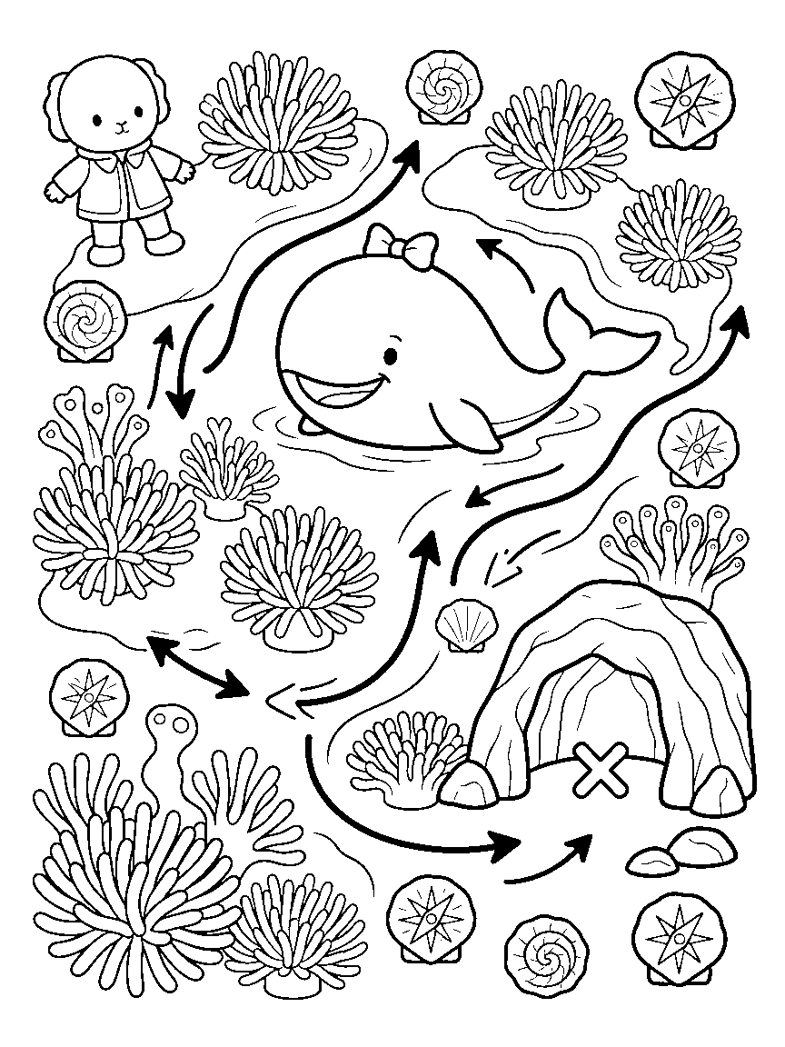 Mermaid Treasure Map coloring page: a detailed undersea map with current arrows, a whale landmark, anemone gardens, an X near a cave, and compass shells