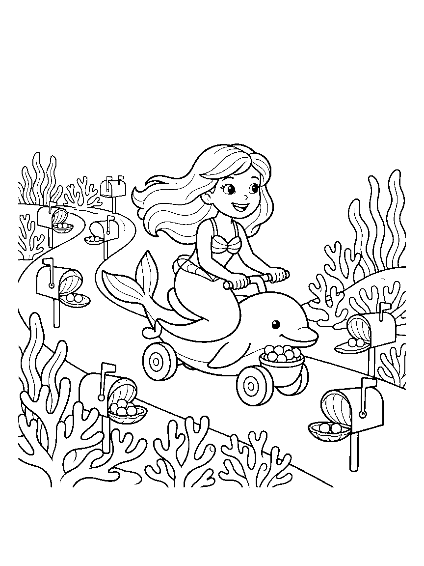 Pearl Delivery Run coloring page: a mermaid on a dolphin scooter delivering pearls in a basket to clam mailboxes along a coral lane