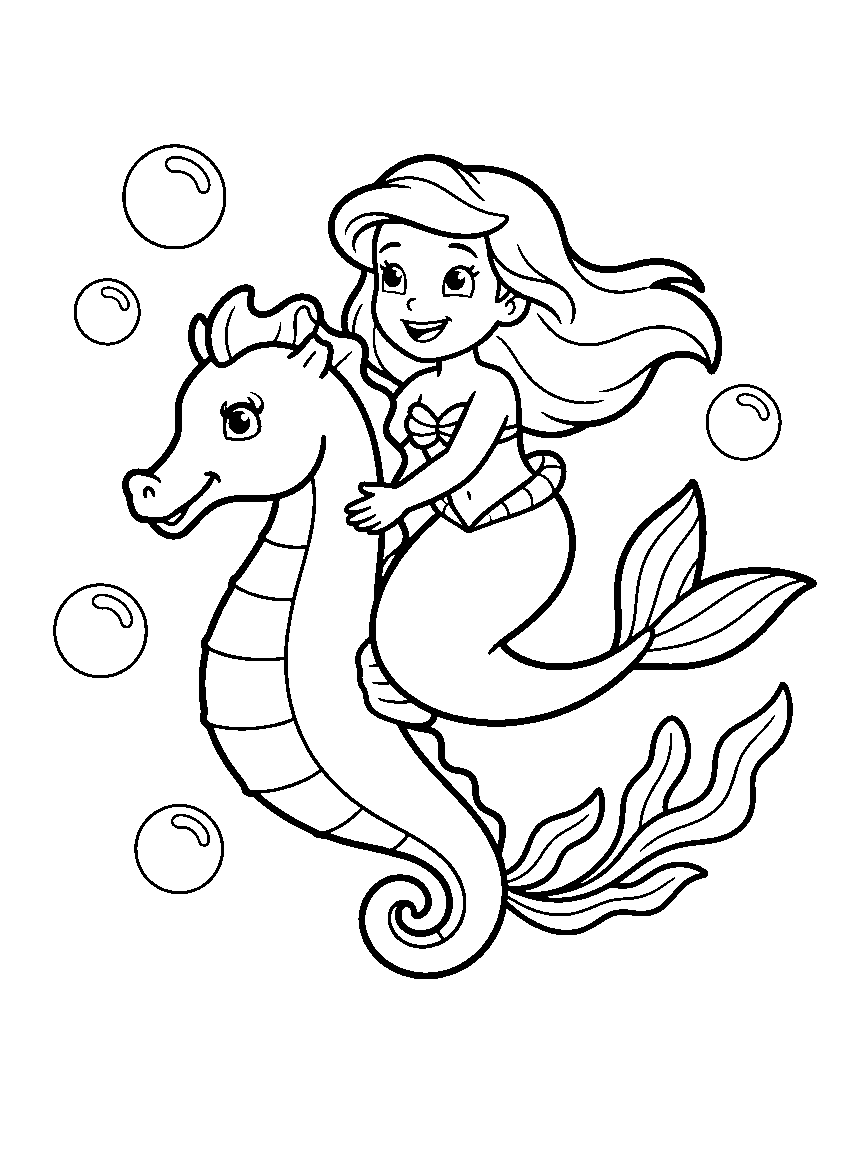 Seahorse Carousel coloring page: a little mermaid riding a big smiling seahorse with swirled mane past three round bubbles and a ribbon of seaweed