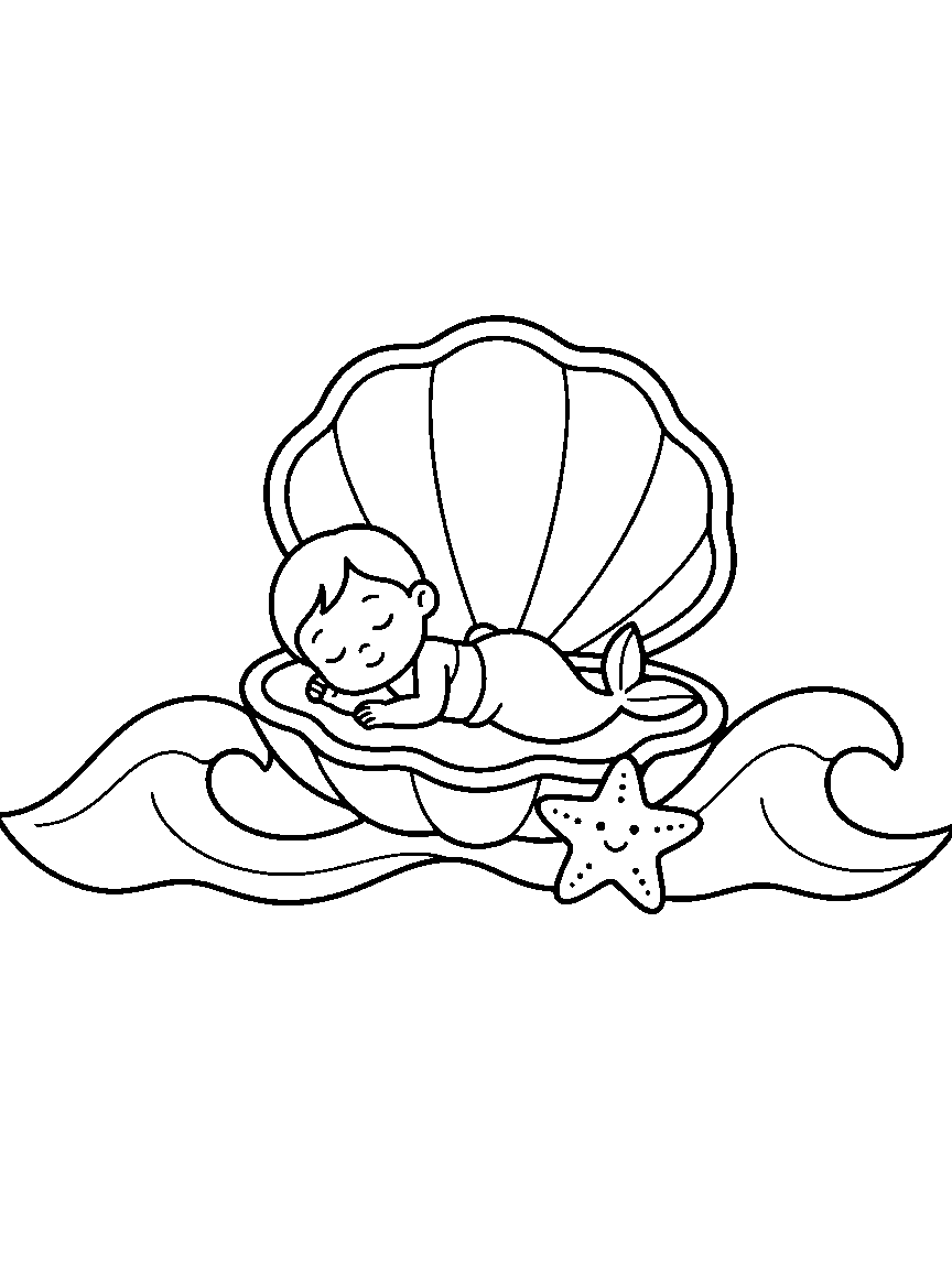 Seashell Cradle Nap coloring page: a baby mermaid sleeping in a large open seashell cradle rocked by two gentle waves and a smiling starfish