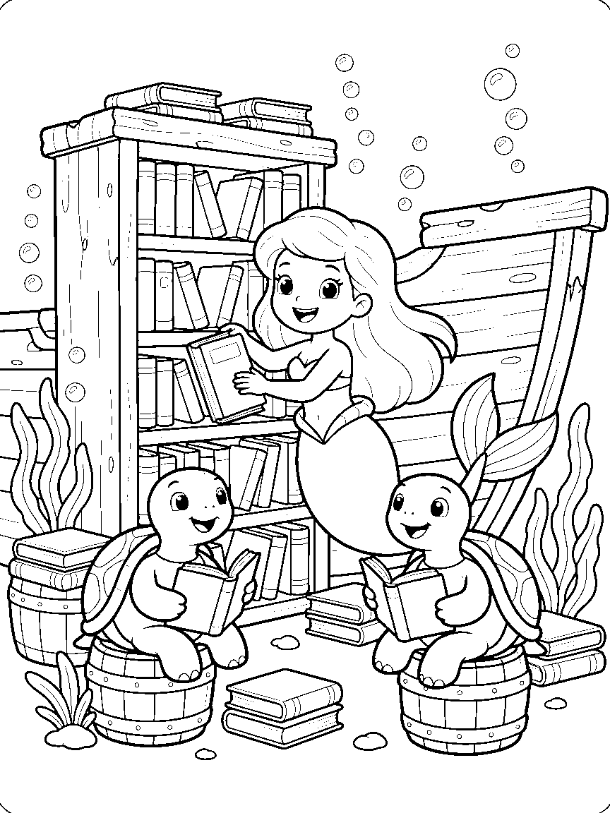 Sunken Ship Library coloring page: a friendly sunken ship converted to a library where a mermaid shelves books and sea turtles read on barrel seats