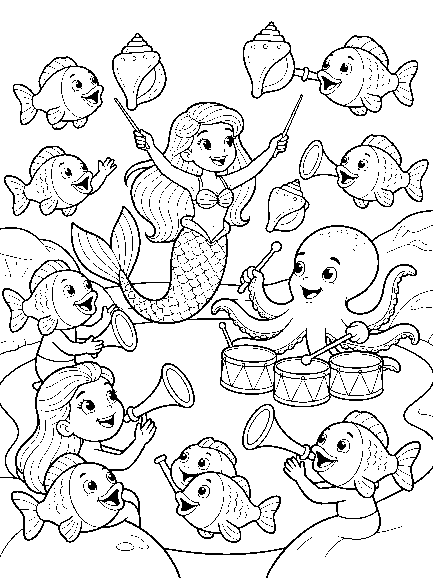 Tide Pool Orchestra coloring page: a mermaid conducting a tide-pool orchestra of singing fish, a drumming octopus, and trumpet shells