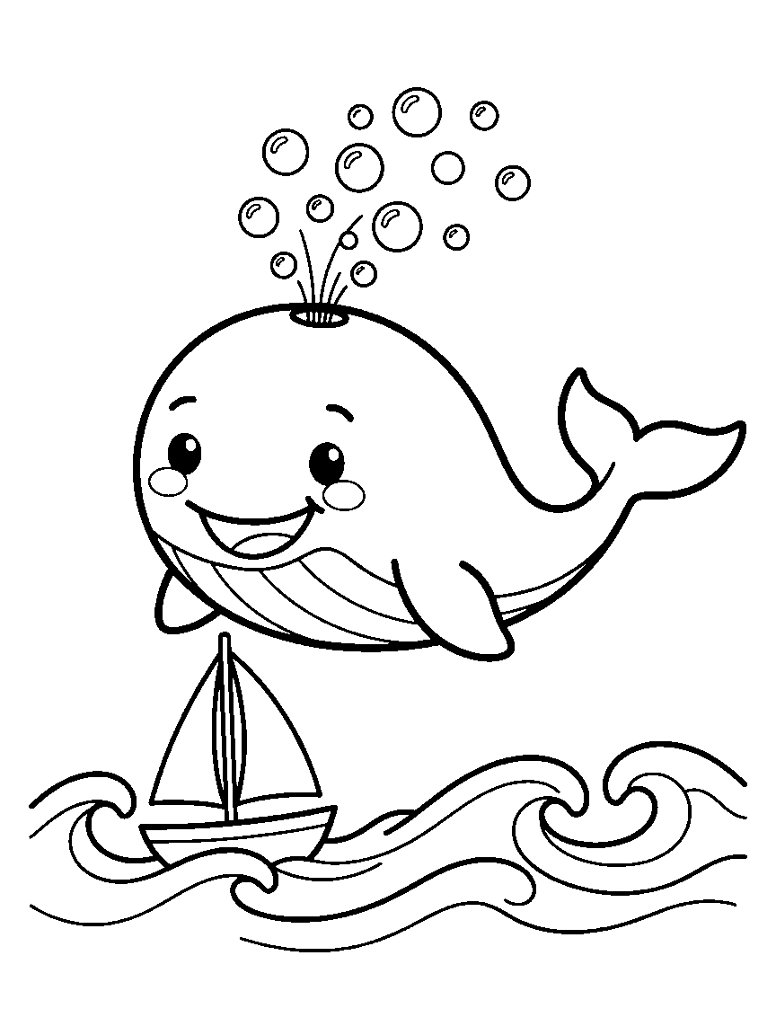 Bubbly Whale Hello coloring page: a huge friendly whale spouting a fountain of bubbles while a tiny sailboat rocks on gentle wave curls
