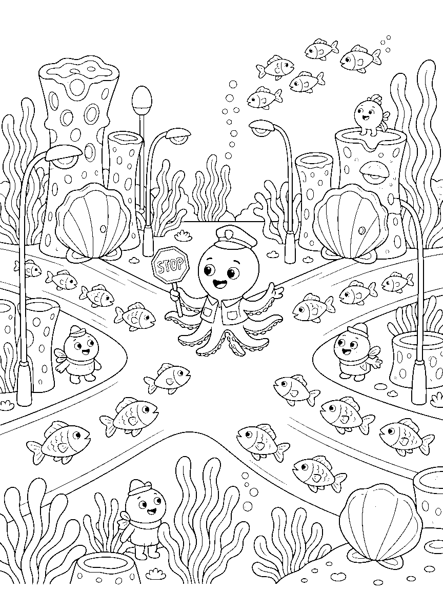 Coral Reef City coloring page: a bustling reef city with sponge towers, clam doors, seaweed streetlamps, fish traffic lanes, and an octopus crossing guard
