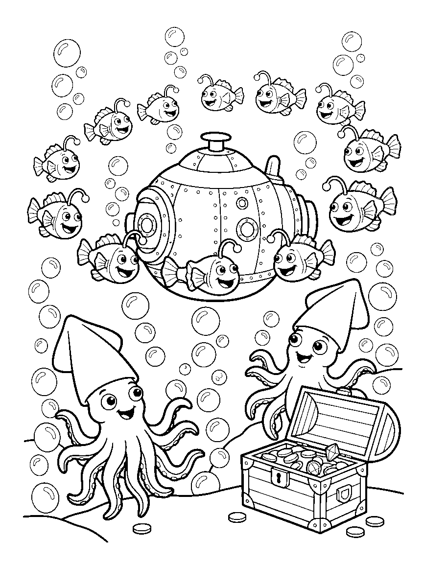 Deep-Sea Discovery Dive coloring page: a deep-sea scene with a diving bell, anglerfish lantern parade, bubble columns, a treasure chest, and curious giant squid