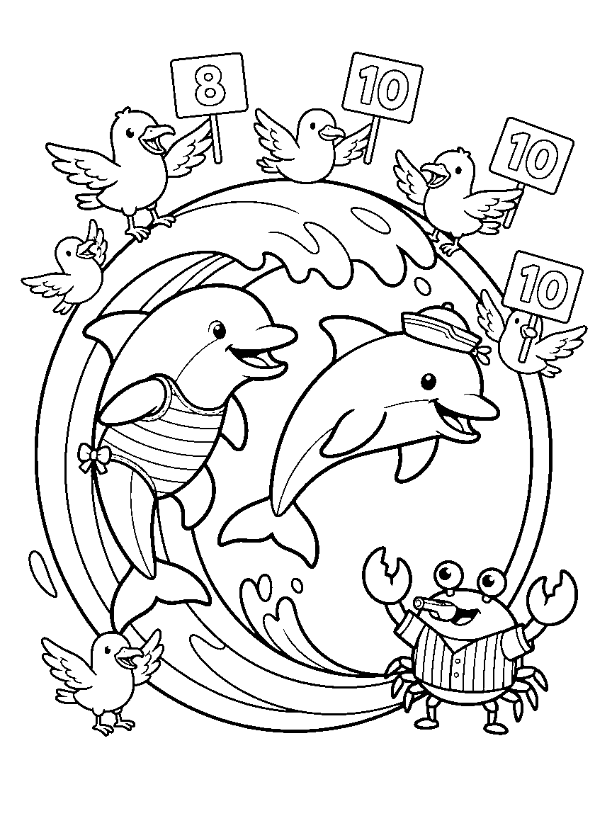 Dolphin Wave Jumpers coloring page: two dolphins leaping through a wave hoop while seagulls hold score signs and a crab referee whistles