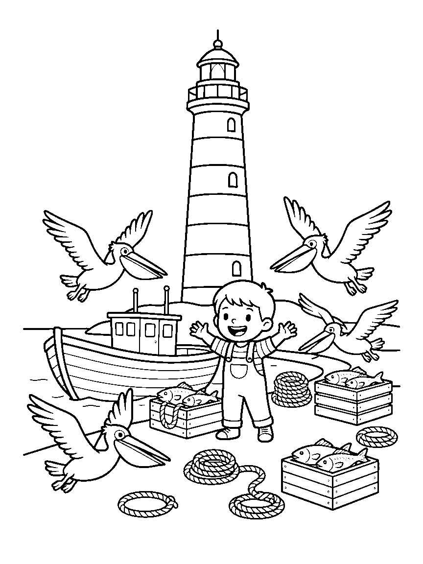 Lighthouse Harbor Morning coloring page: a striped lighthouse over a small harbor with a fishing boat, coiled ropes, crates of fish, and diving pelicans