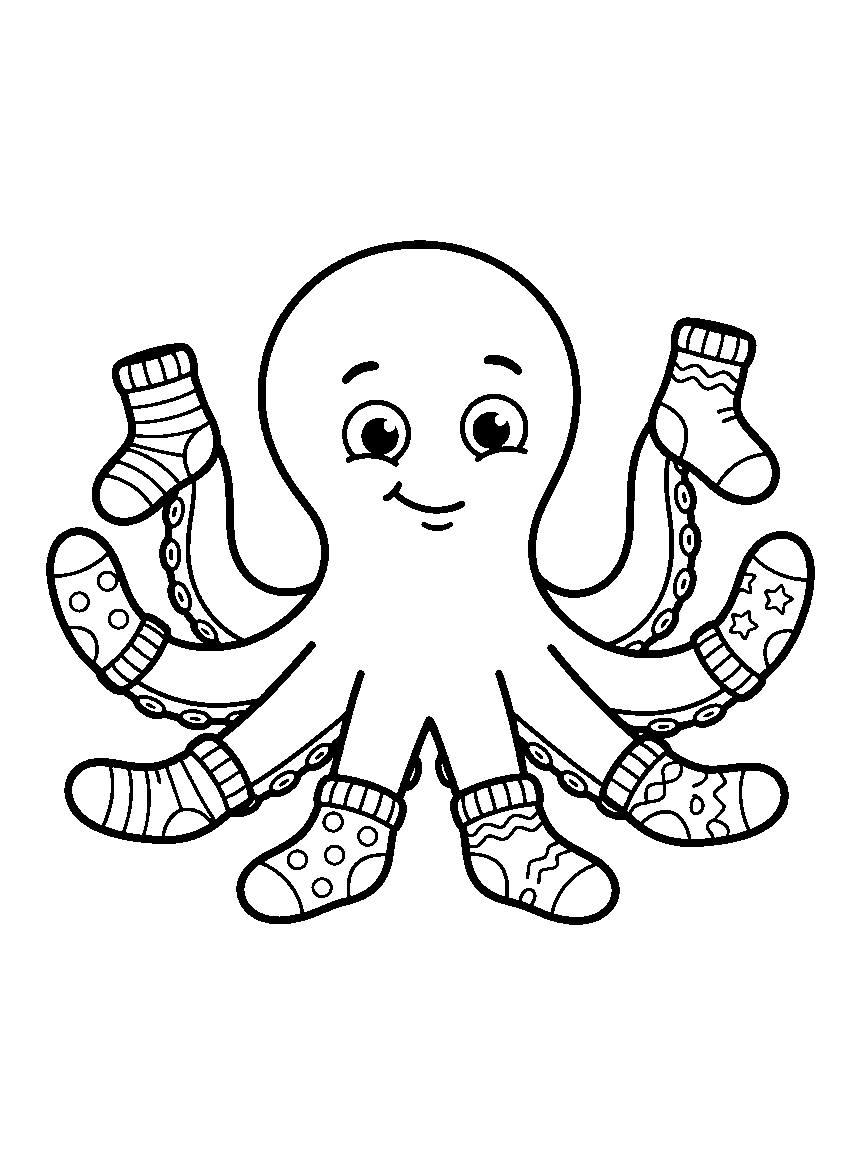 Octopus Sock Trouble coloring page: a cheerful octopus wearing seven mismatched socks and holding up the eighth with a puzzled smile