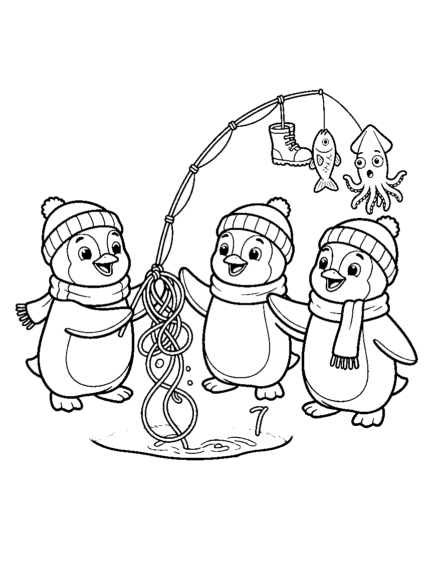 Penguin Ice Fishing coloring page: penguins fishing through an ice hole with a tangled line pulling up a boot, a fish, and a surprised squid