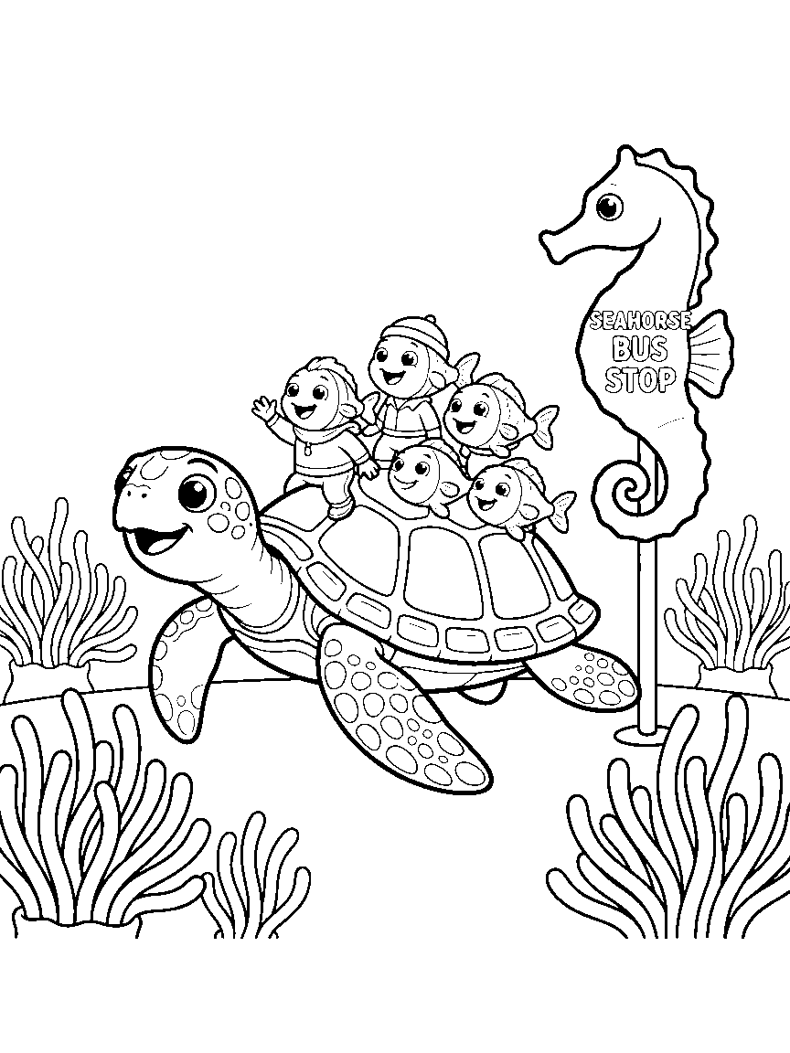 Sea Turtle Reef Taxi coloring page: a big sea turtle carrying small fish passengers past a seahorse bus stop sign and swaying anemones
