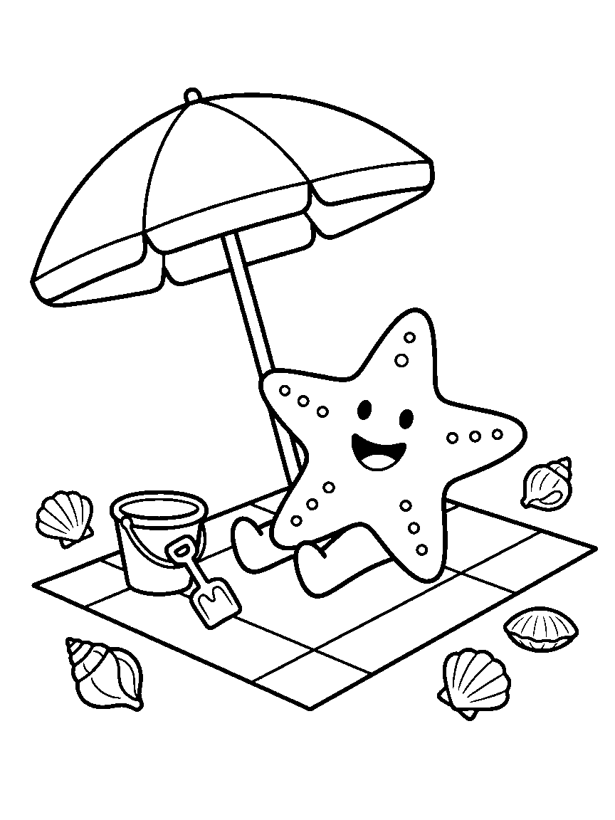 Starfish Beach Day coloring page: a smiling starfish on a beach towel under an umbrella with a bucket, shovel, and three seashells