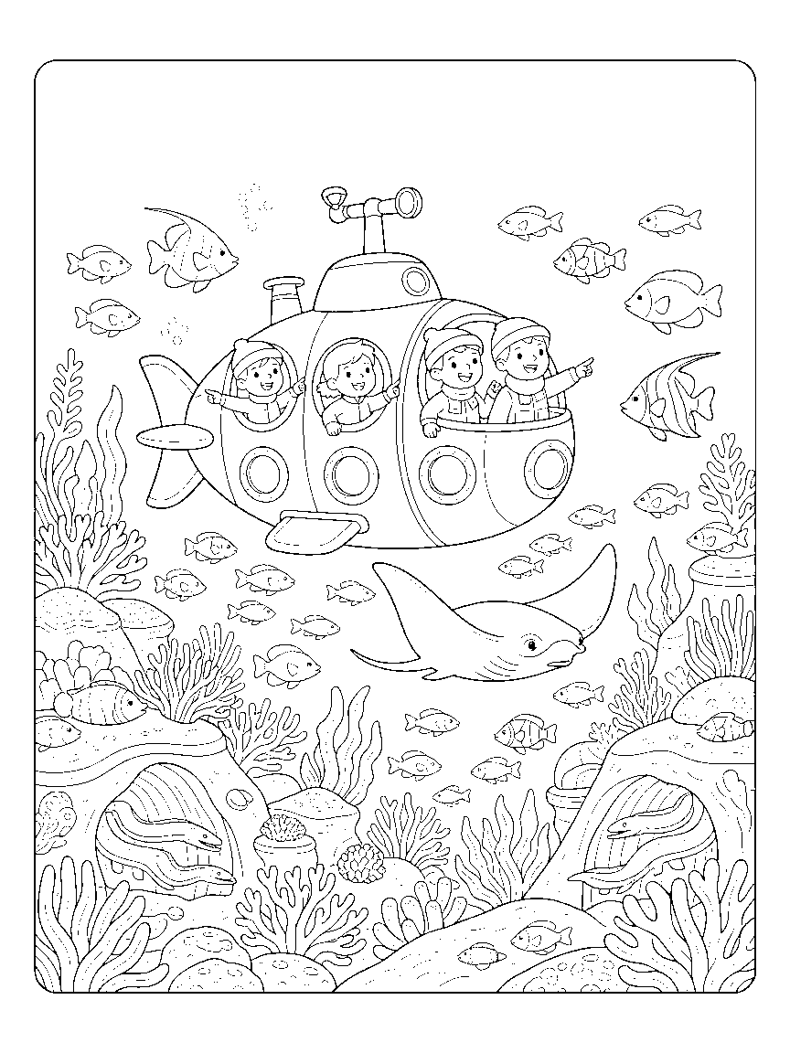 Submarine Reef Tour coloring page: a porthole-covered submarine touring a detailed reef with eels in caves, a ray gliding by, and passengers pointing at fish schools