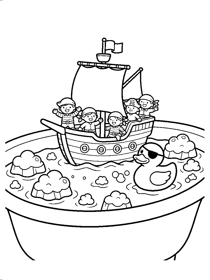 Bathtub Pirate Ship coloring page: a toy pirate ship sailing a bathtub sea of bubble icebergs while a rubber duck wears an eyepatch