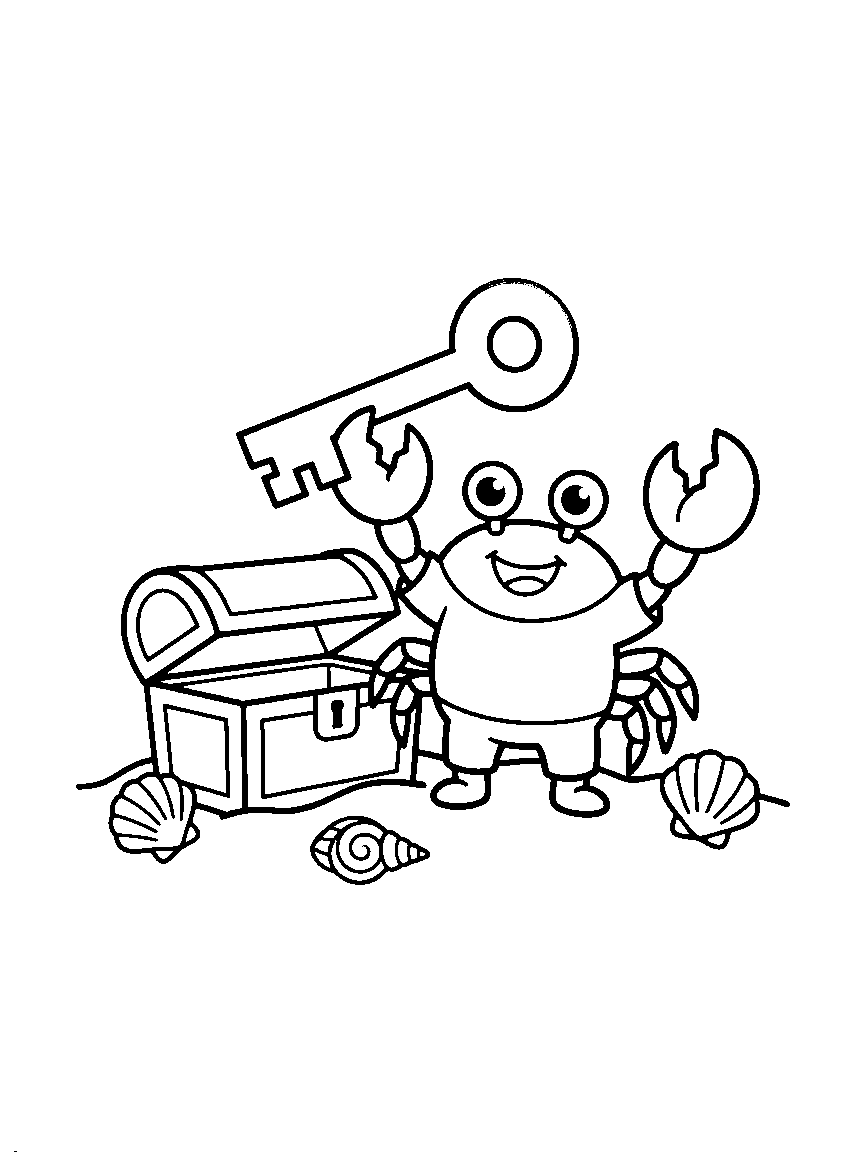 The Crab with the Key coloring page: a smiling crab holding up a giant key beside a half-buried treasure chest and three swirled shells