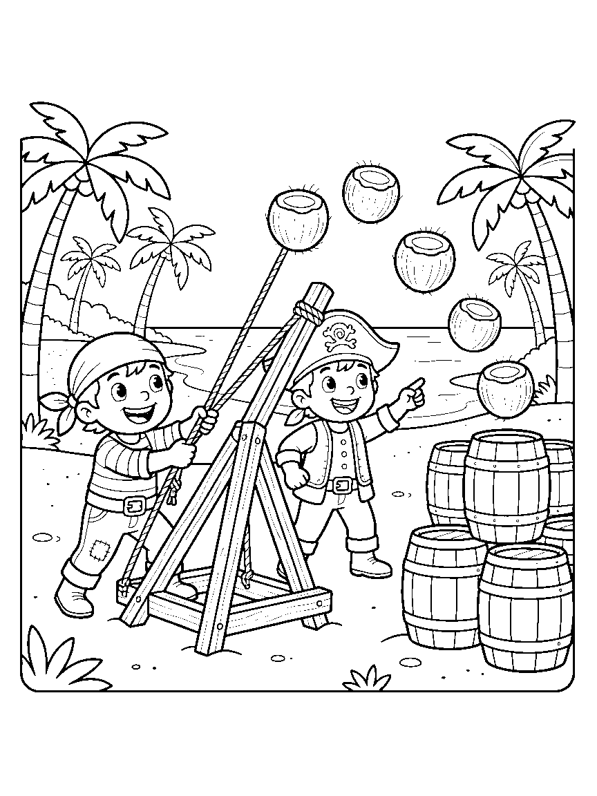 Coconut Catapult Practice coloring page: pirates launching coconuts from a rope catapult toward stacked barrel targets on a palm-fringed beach