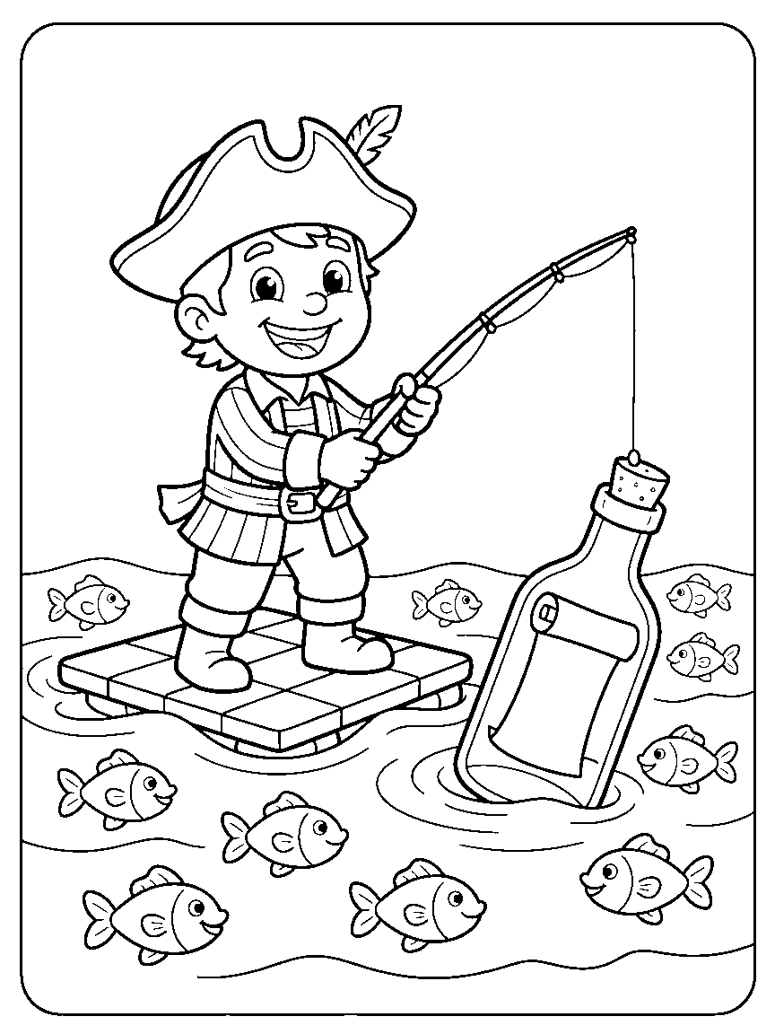 Message in a Bottle coloring page: a pirate on a small raft fishing a giant corked bottle with a rolled letter from wavy water full of fish