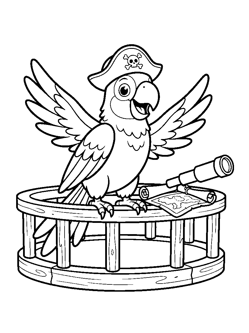 Parrot on Lookout Duty coloring page: a big cheerful parrot in a tiny pirate hat perched on a crow's nest railing with a rolled map and spyglass