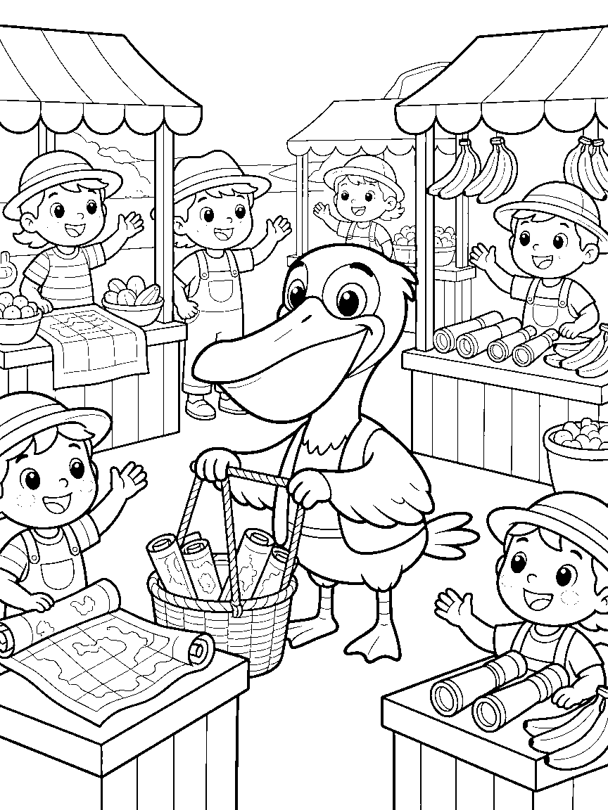 Pirate Cove Market coloring page: a cove market with stalls selling maps, spyglasses, and banana bunches, as a pelican weighs goods on rope scales