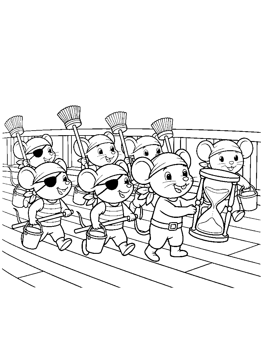 Swab-the-Deck Relay coloring page: pirate mice racing with mops and buckets across a ship deck while the captain times them with a big hourglass