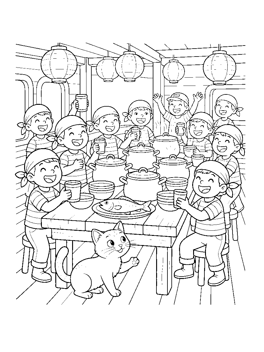The Ship's Galley Feast coloring page: a bustling galley feast with a long table, soup kettles, hanging lanterns, singing crew, and a cat eyeing a fish platter