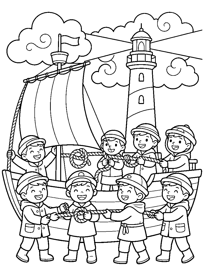 Storm Rescue Teamwork coloring page: a crew working together in a stylized storm — reefing sails, tying knots, passing rope — while a lighthouse beam sweeps swirled clouds