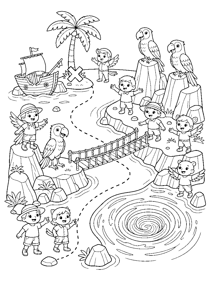 Treasure Island Map coloring page: a detailed island map with a dotted path past shipwreck rock, parrot cliffs, a rope bridge, whirlpool bay, and an X by a palm