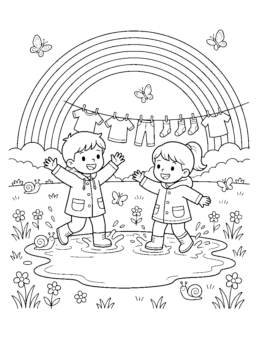 After-the-Storm Meadow coloring page: a meadow after rain with a double rainbow, puddle reflections, snails on boots, drying laundry, and returning butterflies