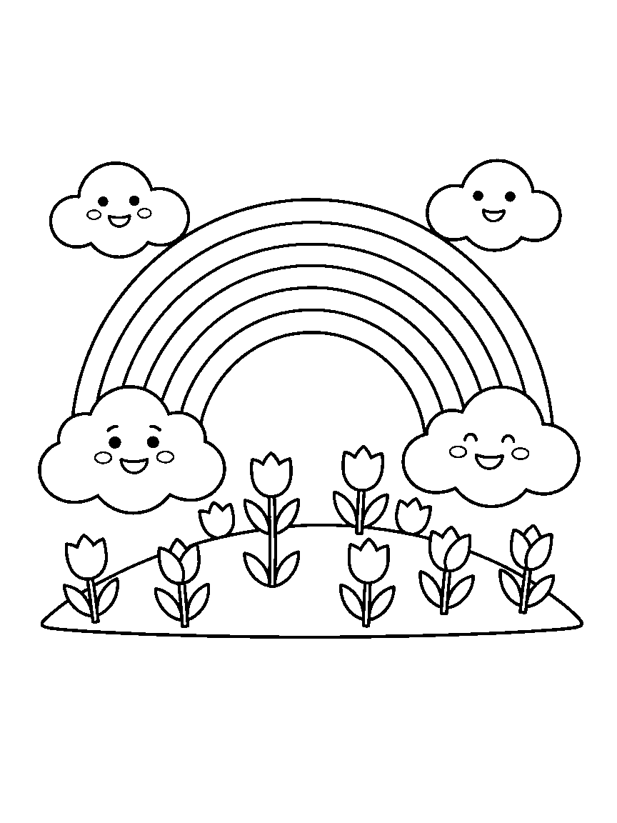 Classic Big Rainbow coloring page: one giant rainbow with wide separated bands arching between two smiling clouds over a single tulip hill