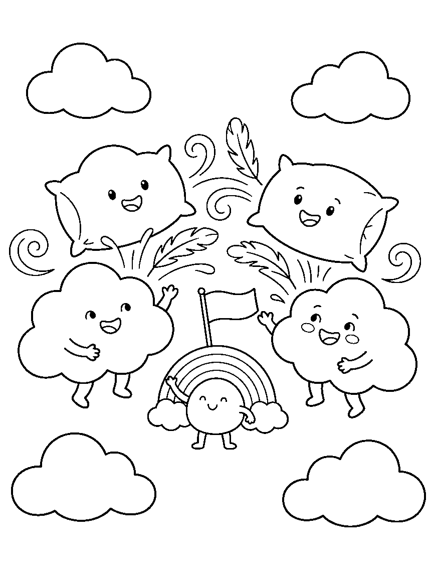 Cloud Pillow Fight coloring page: two puffy clouds having a pillow fight with feather swirls while a small rainbow referee waves a flag