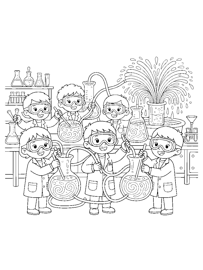 The Color Mixing Lab coloring page: friendly scientists mixing swirls in giant beakers connected by looping tubes to a rainbow fountain