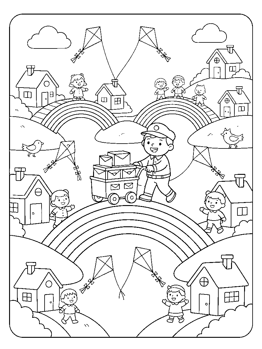 Rainbow Bridge Town coloring page: a village where rainbow bridges connect hilltop houses, with a mail cart crossing and kites flying below