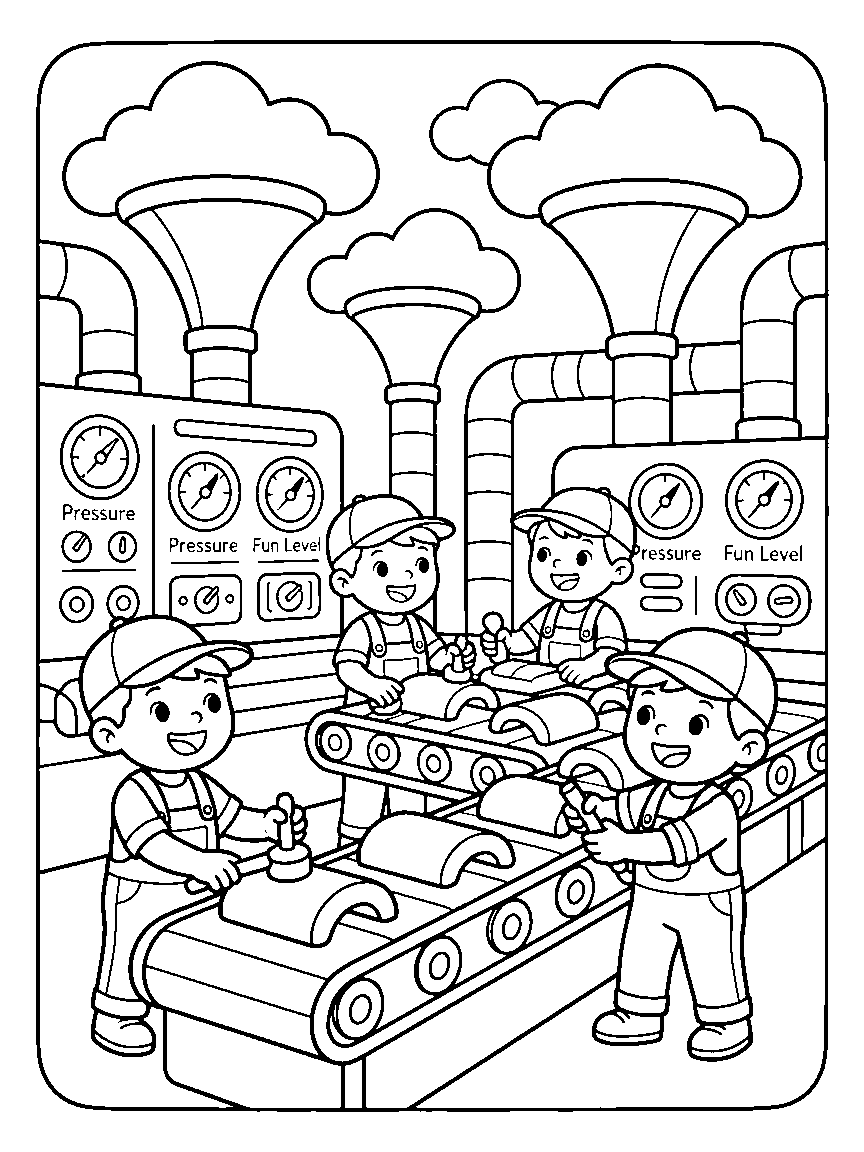 The Rainbow Factory coloring page: a whimsical factory with cloud intake funnels, striped pipes, gauge dials, a conveyor of arcs, and workers polishing bands