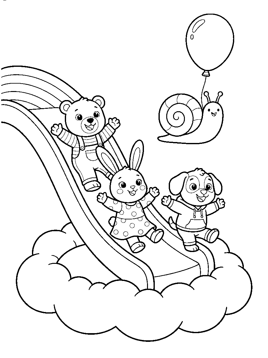 Rainbow Slide Park coloring page: animals sliding down a rainbow slide into a cloud trampoline while a snail rides a balloon to the top
