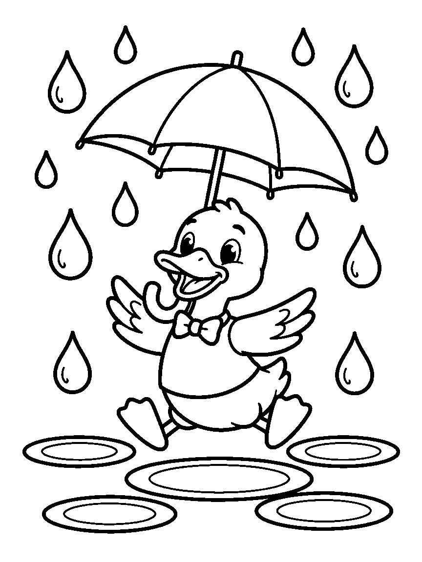 Raindrop Umbrella Dance coloring page: a duck dancing under a big umbrella among giant friendly raindrops and three puddle rings