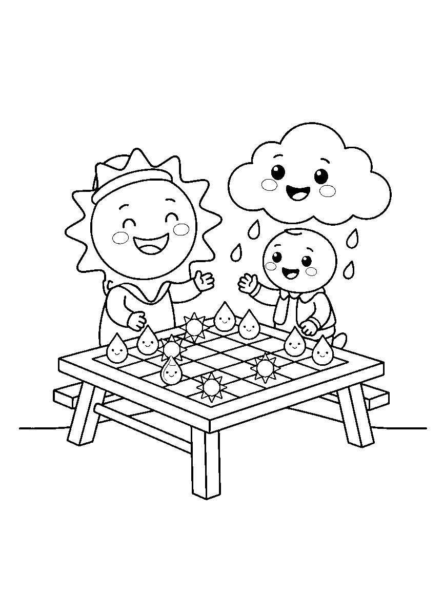 Sun and Cloud Checkers coloring page: a smiling sun and a rain cloud playing checkers on a picnic table with raindrop and sunbeam pieces
