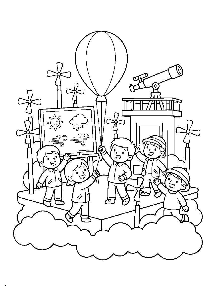 Weather Station Morning coloring page: a detailed weather station with spinning anemometers, a balloon launch, forecast chalkboard, and telescope deck above clouds